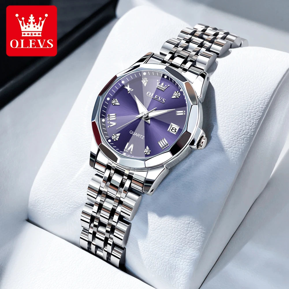 OLEVS 9931 Original Quartz Watches For Woman Rhombus Mirror Waterproof Luminous Stainless Steel Wrist Watches Calendar New