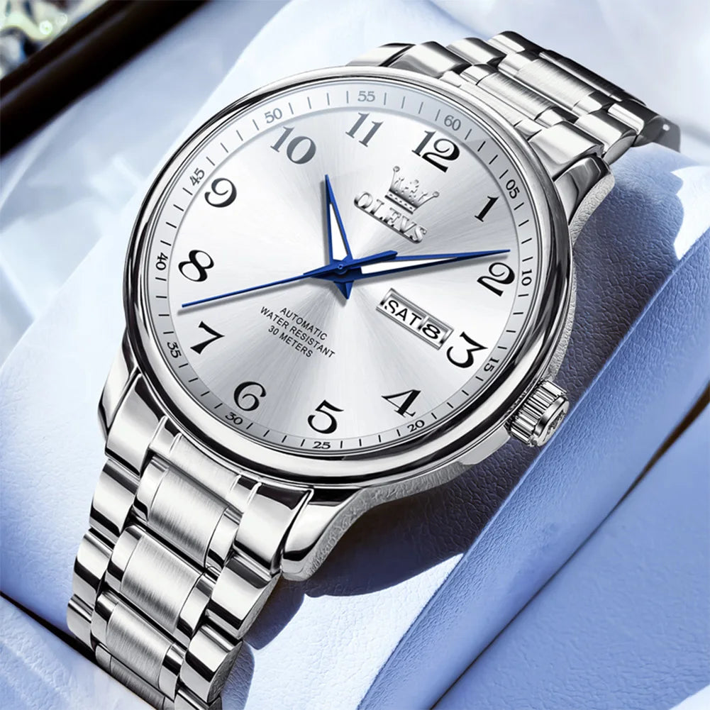 OLEVS 7072 Mens Watch Fashion Original Mechanical Watches For Men Dual Calendar Waterproof Business Automatic Hand Clock