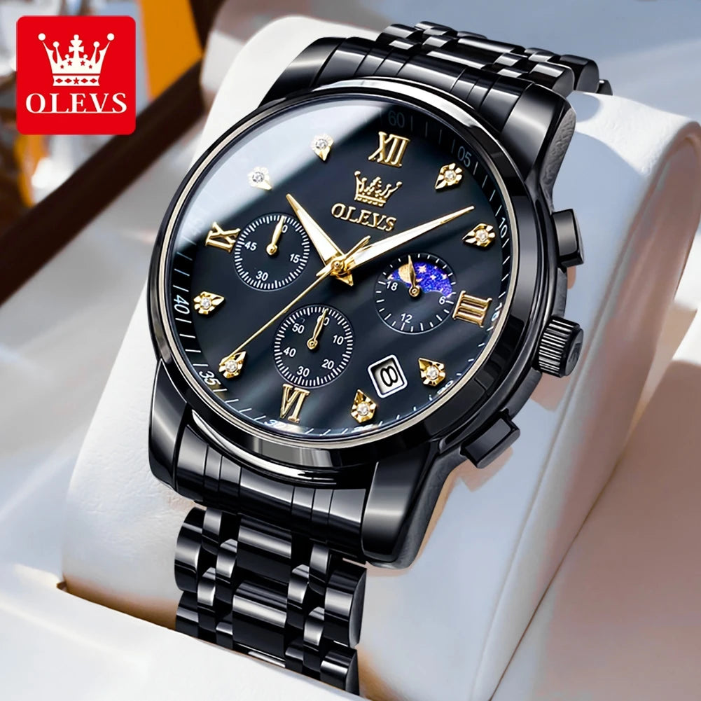 OLEVS 2858 Herrenuhr Diamantzifferblatt Mondphase Quarzuhr für Herren Edelstahl Wasserdicht Top-Marke Luxus Herren-Armbanduhr