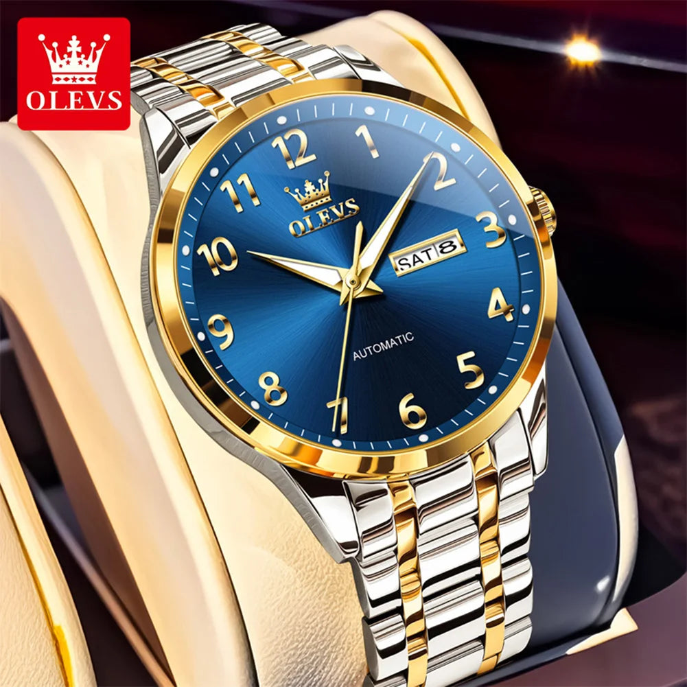 OLEVS 7078 Man Automatic Watch Top Brand Dual Calendar Mechanical Watch For Men Number Scale Business Hand Clock Steel Strap