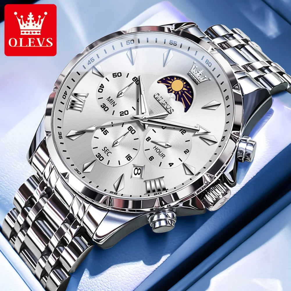 OLEVS 3653 Herrenuhr Original Chronograph Quarz Armbanduhr Stahlband Mondphase Datum Wasserdicht Top Marke Herrenuhr