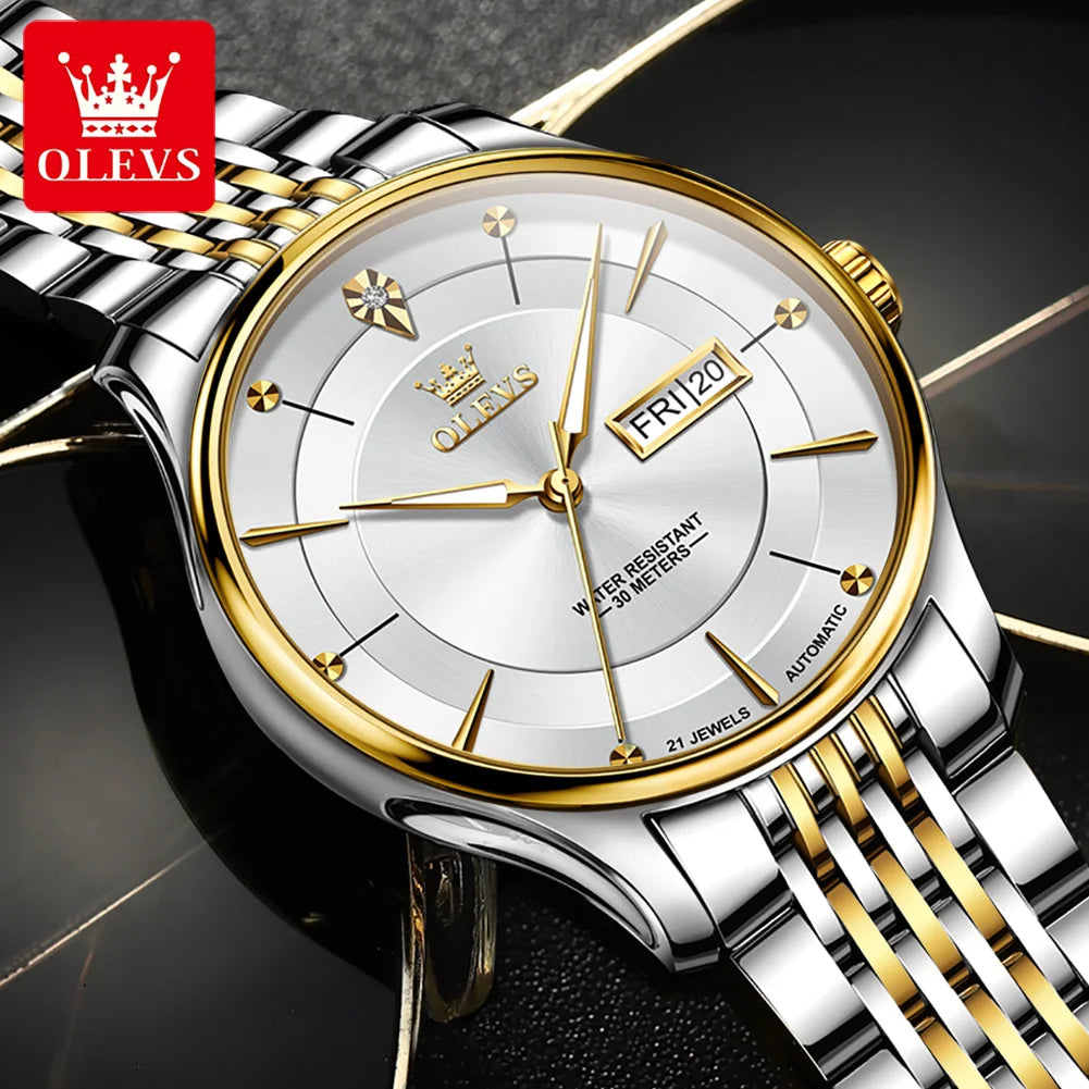 OLEVS 9927 Automatic Watch For Men Luxury Dual Calendar Original Mechanical Dress Hand Clock Waterproof Luminous Man Watches