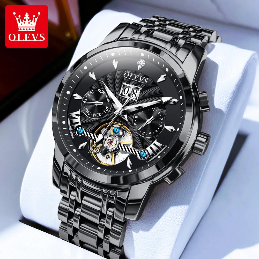 OLEVS 9965 Automatic Watch For Men Skeleton Flywheel Waterproof Men's Watches Week Calendar Luxury Man Mechanical Wristwatch