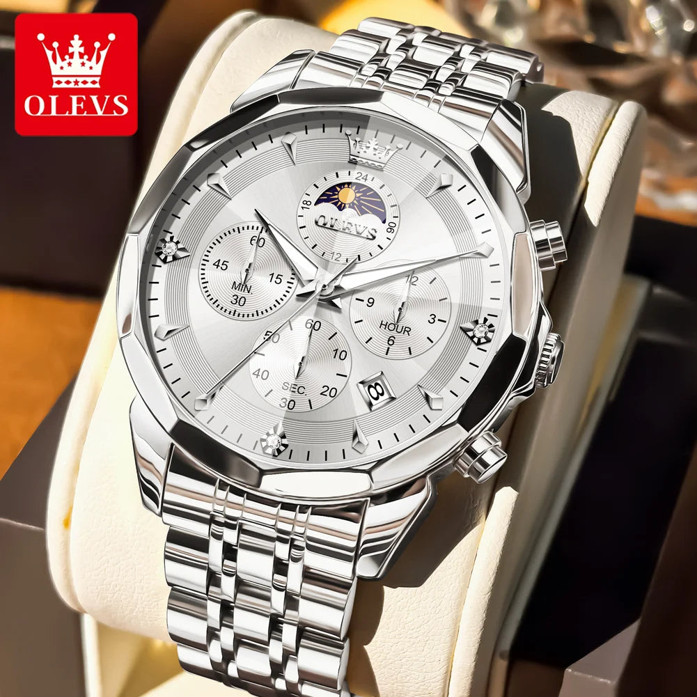 OLEVS 3673 Herrenuhr Mode Chronograph Quarzuhr für Herren 43mm großes Zifferblatt Mondphase Kalender Wasserdicht Original Armbanduhr