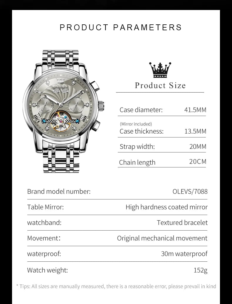 OLEVS 7088 Men's Watch Fashion Calendar Mechanical Watch For Men Original Hollow Steel Strap Business Wristwatch Deep Waterproof