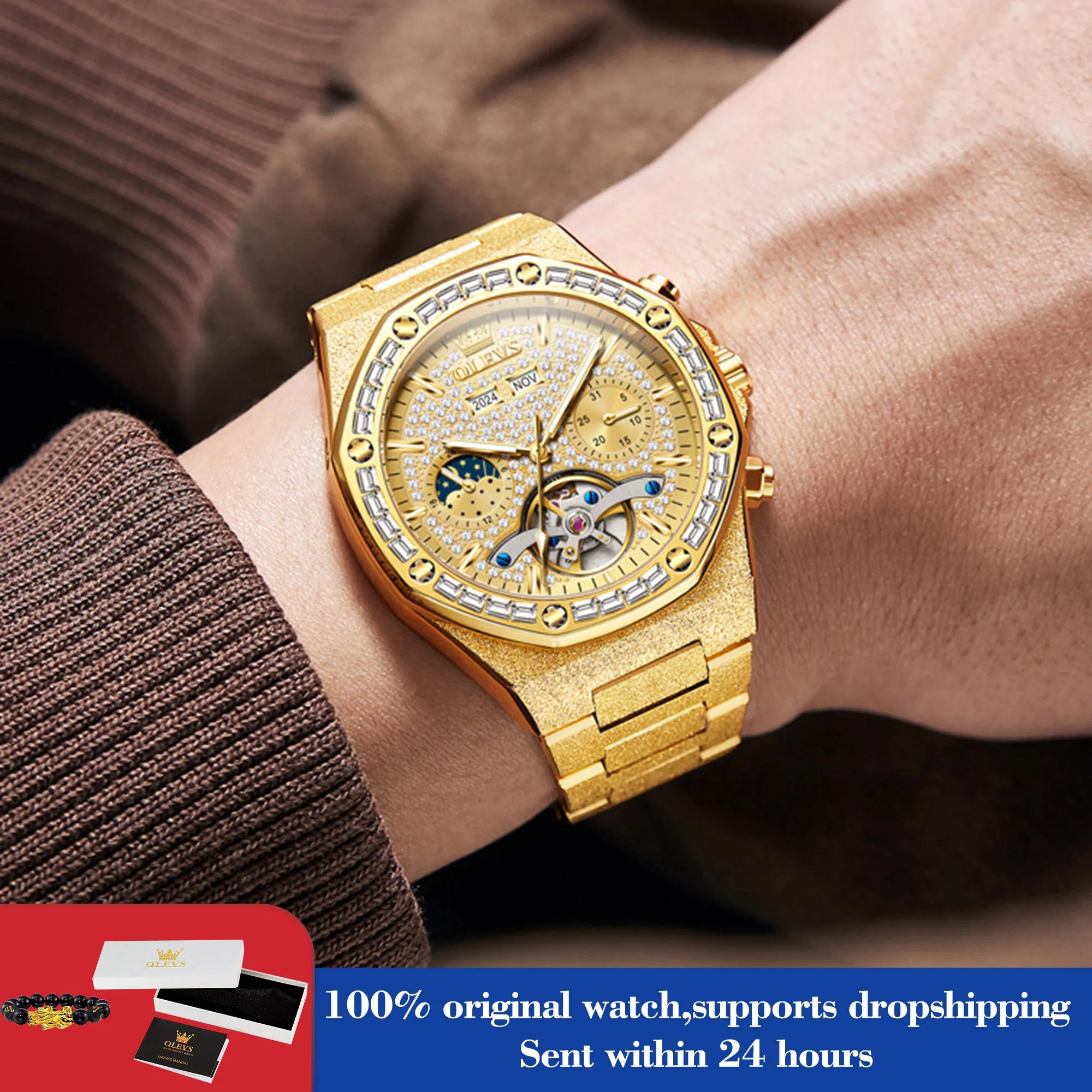 OLEVS 9805 Men Watch Luxury Classic Hollow Skeleton Diamond Waterproof Man Hand Clock Moon Phase Date Mechanical Watch For Men