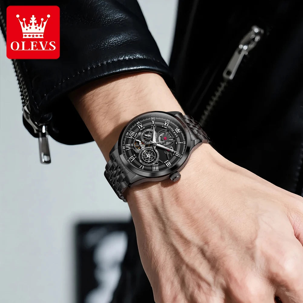 OLEVS 7076 Man Automatic Watch Fashion Hollow Mechanical Watch For Men Waterproof Stainess Steel Strap Roman Scale Hand Clock