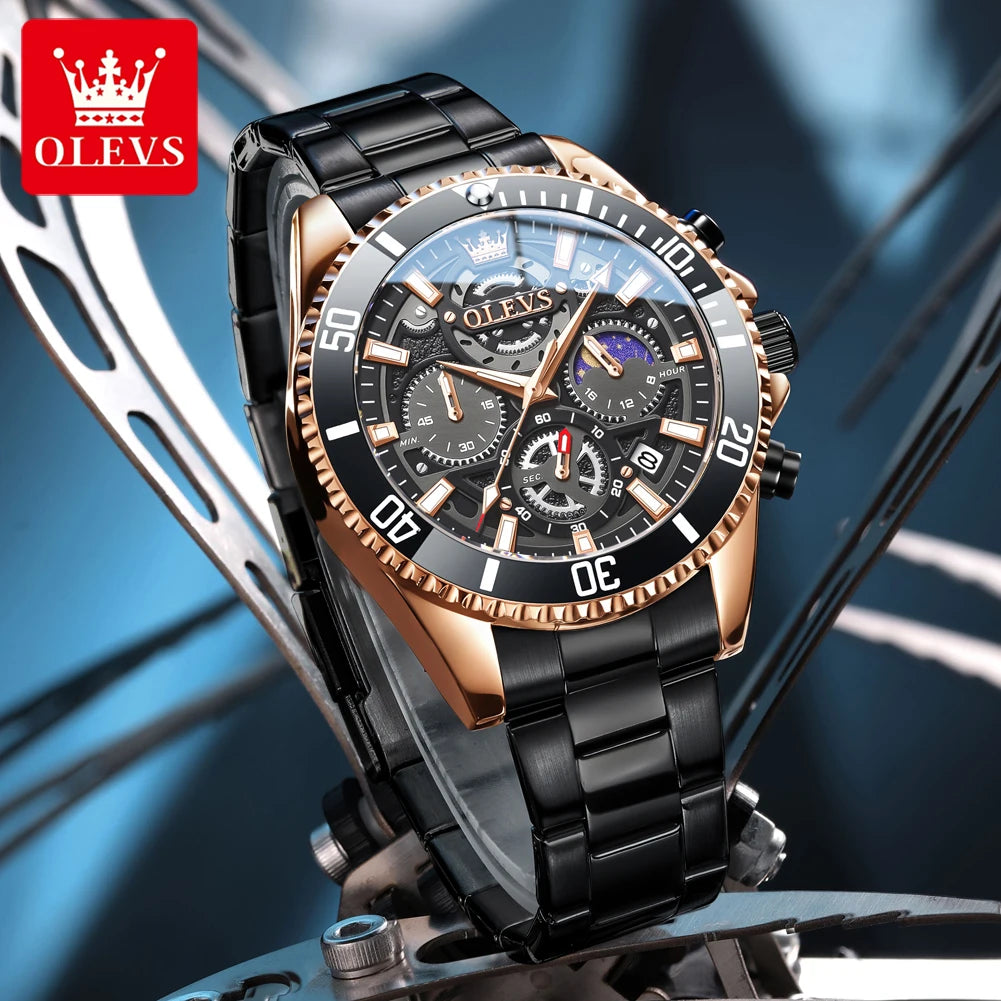 OLEVS 2990 Neue Taucheruhr Quarz Herrenuhr Chronograph Mondphase Wasserdicht Leuchtende Edelstahlarmband Sportuhren für Herren