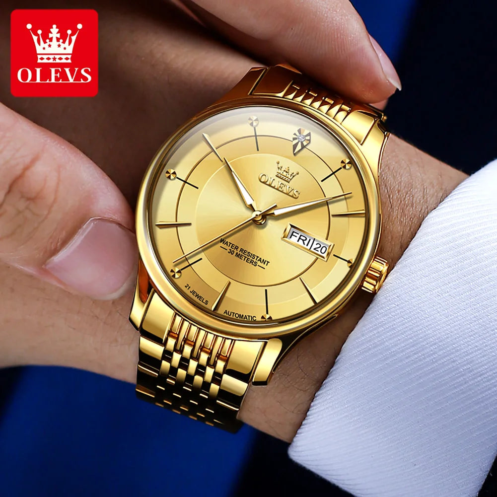 OLEVS 9927 Automatic Watch For Men Luxury Dual Calendar Original Mechanical Dress Hand Clock Waterproof Luminous Man Watches
