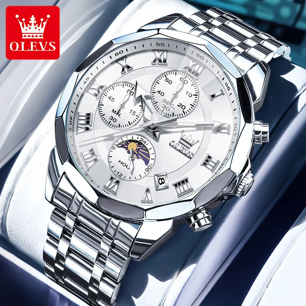 OLEVS 3675 Uhr für Herren, römische Ziffern, luxuriöses Rhombus-Spiegel-Chronograph, Herren-Armbanduhr, Mondphase, Datum, wasserdichte Quarzuhr