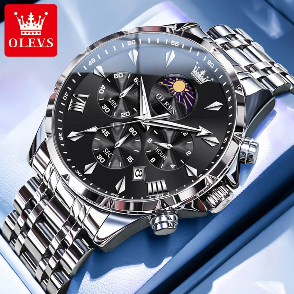 OLEVS 3653 Herrenuhr Original Chronograph Quarz Armbanduhr Stahlband Mondphase Datum Wasserdicht Top Marke Herrenuhr