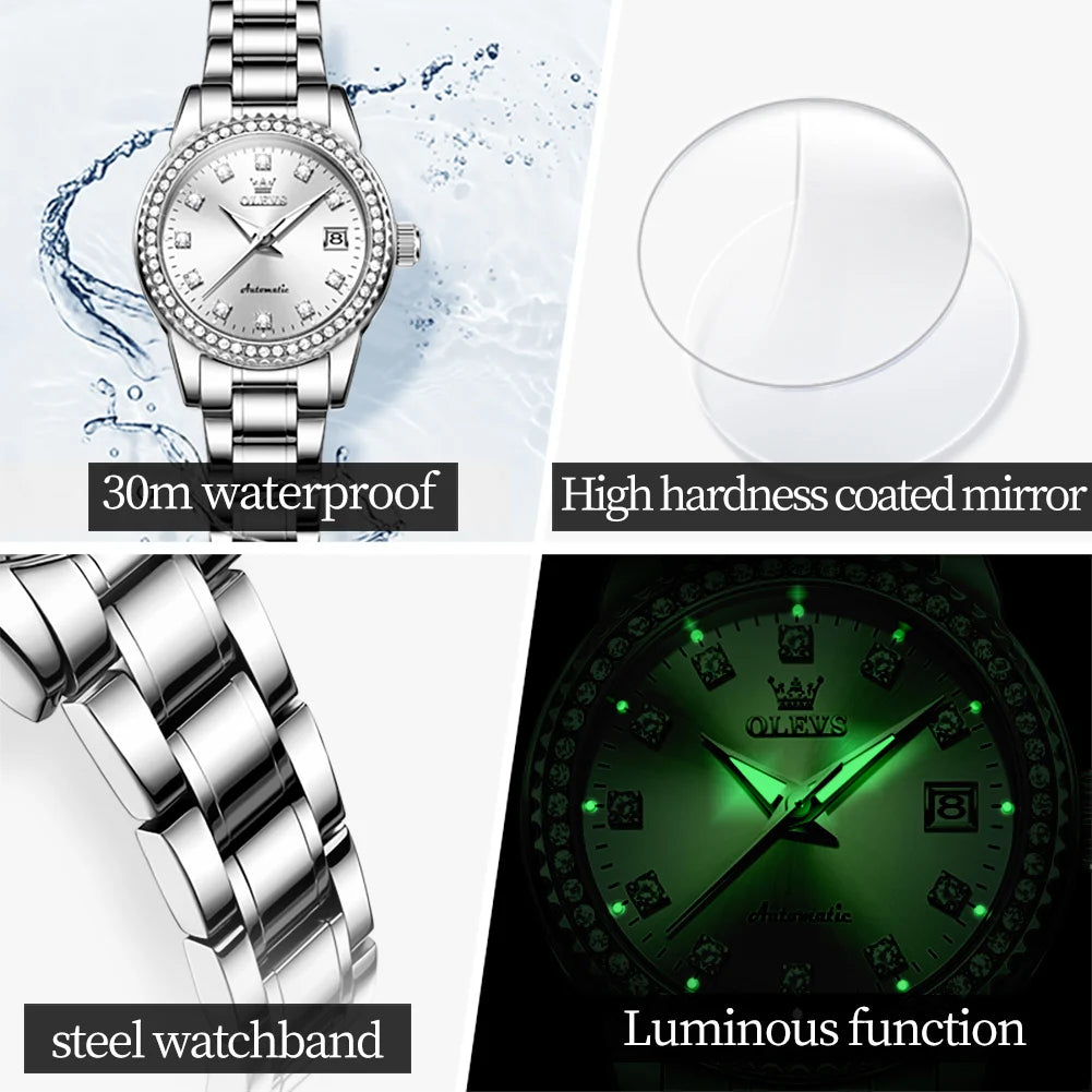 OLEVS 7003 Woman Automatic Watch Diamond Scale Mechanical Watch For Women Steel Strap Luxury Date Ladies Hand Clock Waterproof