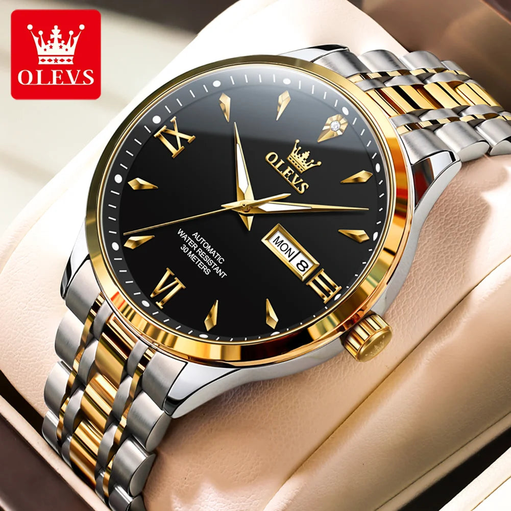 OLEVS 9956 Man Watch Steel Strap Luxury Mechanical Watch For Men Original Fashion Waterproof Automatic Hand Clock Dual Calendar