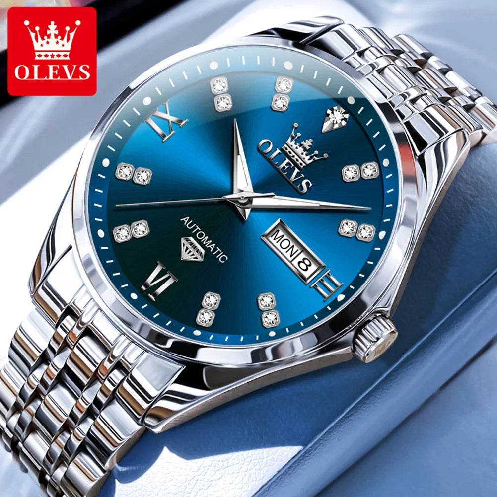 OLEVS 9801 Men Watch Waterproof Dual Calendar Luxury Mechanical Watch For Men Diamond Scale Stainless Steel Automatic Hand Clock