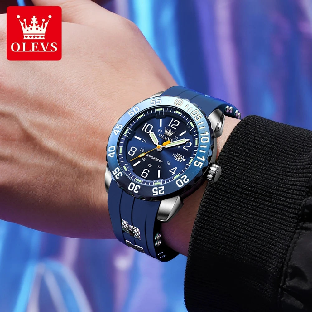 OLEVS 3688 Neue Herrenuhr Wasserdichte Quarzuhr für Herren Hochhärte-Spiegel Leuchtende Original Herren-Armbanduhr Silikonarmband