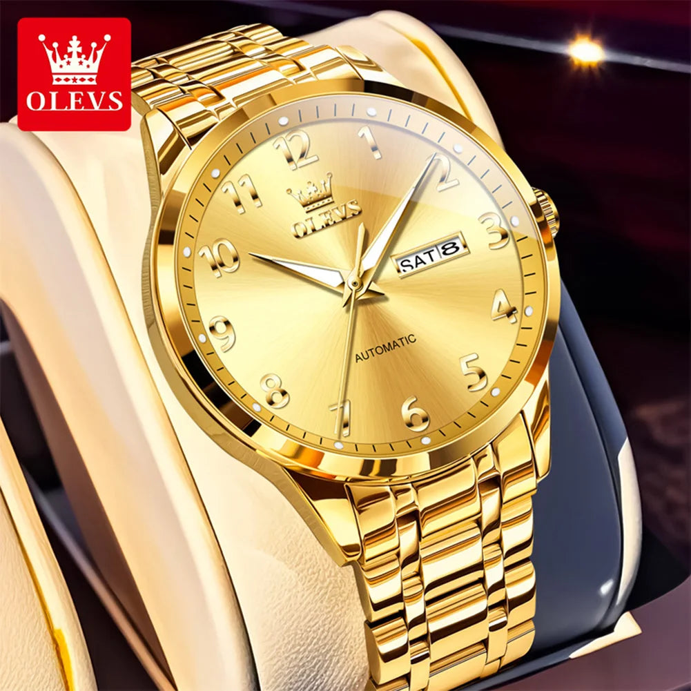 OLEVS 7078 Man Automatic Watch Top Brand Dual Calendar Mechanical Watch For Men Number Scale Business Hand Clock Steel Strap