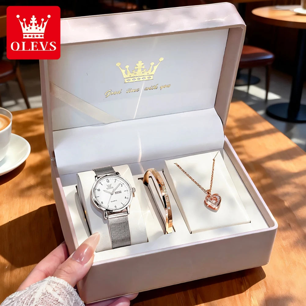 OLEVS 2996 Damenuhren Original Elegante schmale Quarzuhr Wasserdicht Dual-Kalenderanzeige Uhren für Damen Geschenkbox Reloj