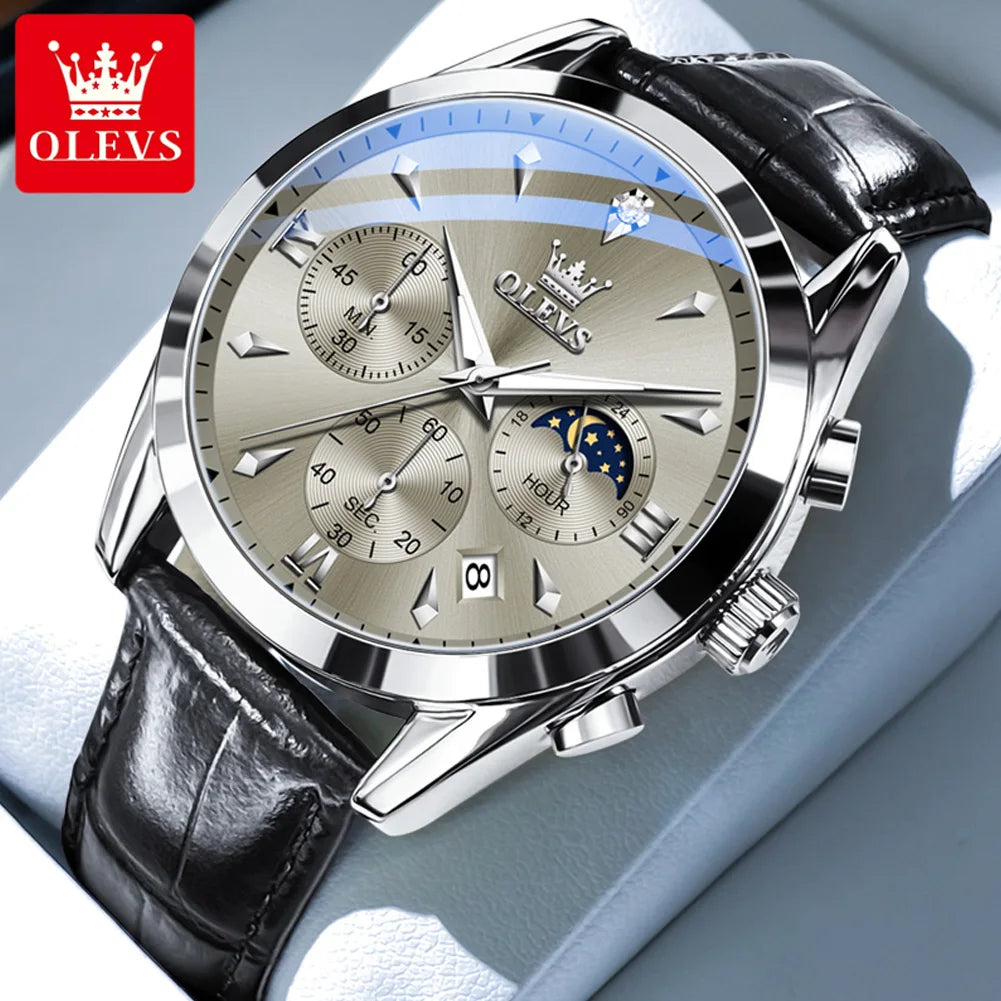 OLEVS 3609 Armbanduhr für Herren, modisch, Kalender, wasserdicht, leuchtend, für Herren, Chronograph, Mondphase, Quarz, Business-Herrenuhren
