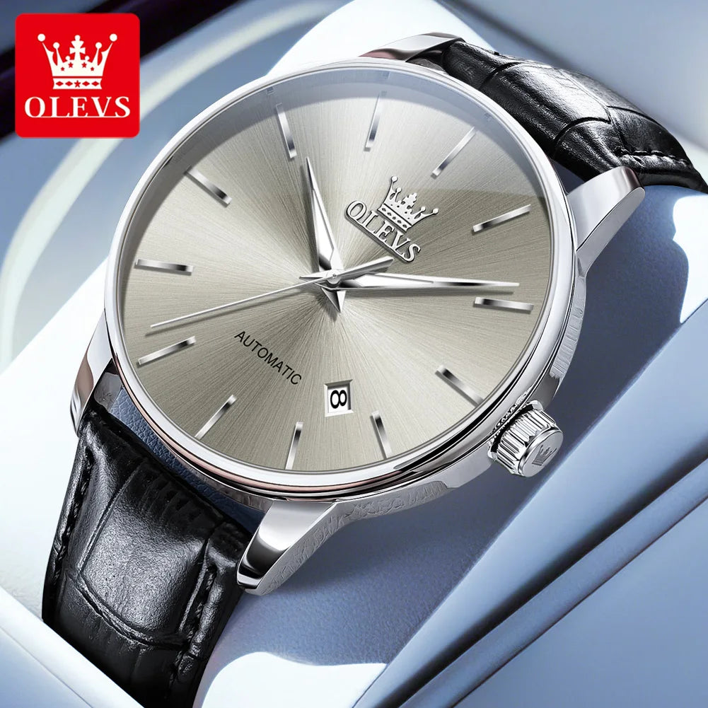 OLEVS 6725 Man Automatic Watch Classic Simple Mechanical Watch For Men Auto Date Original Waterproof Leather Male Hand Clock