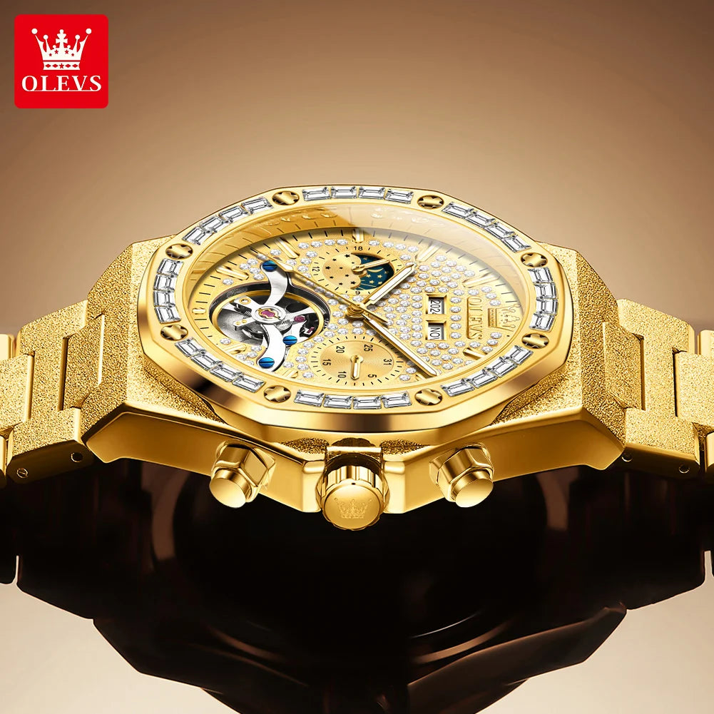 OLEVS 9805 Men Watch Luxury Classic Hollow Skeleton Diamond Waterproof Man Hand Clock Moon Phase Date Mechanical Watch For Men