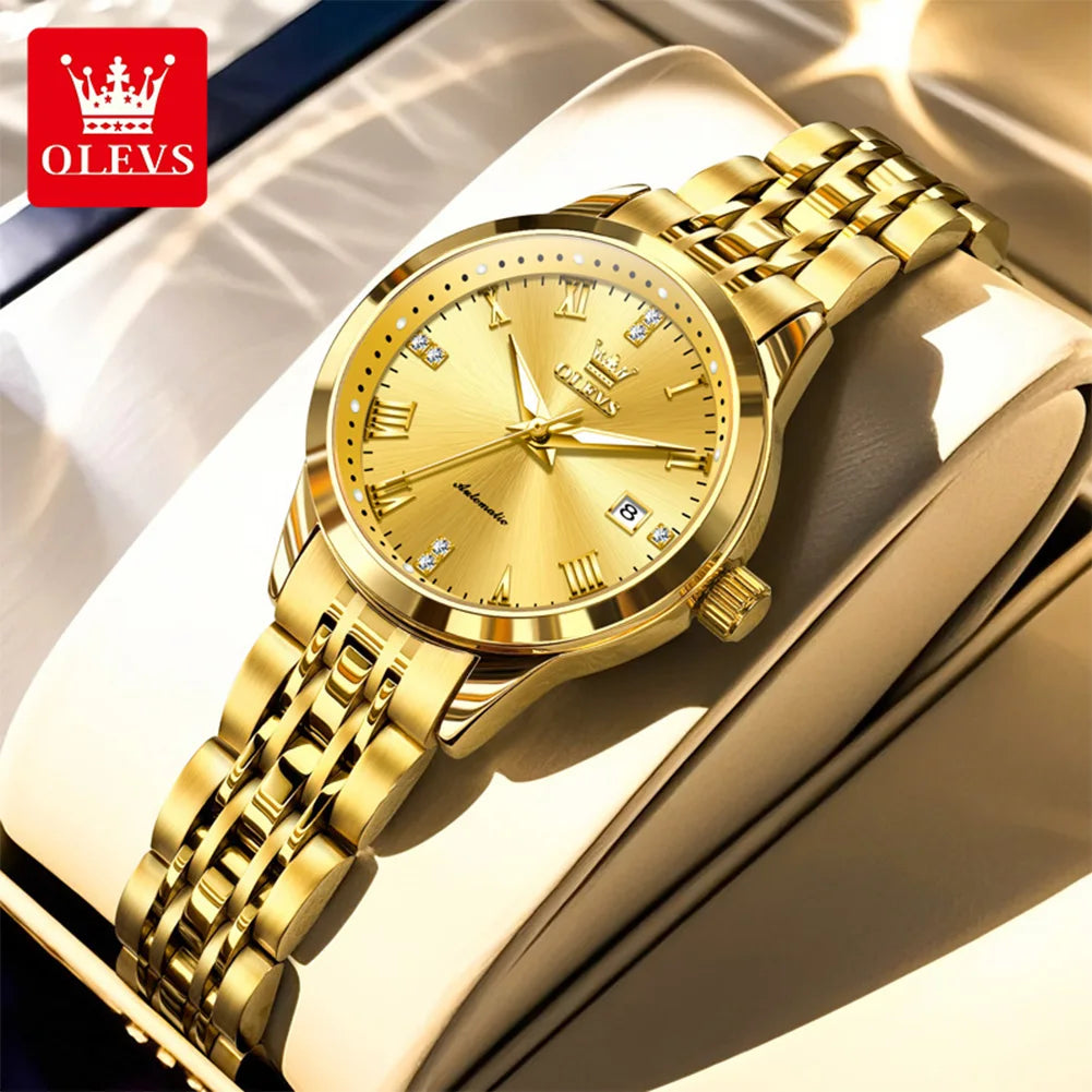 OLEVS 7062 Woman Watch  Luxury Luminous Waterproof Steel Strap Auto Date Mechanical Watches For Women Roman Scale Ladies Hand