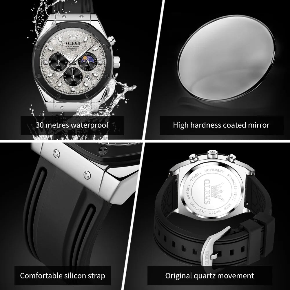 OLEVS 9911 Man Quartz Watch Big Dial Chronograph Watch For Men Moonswatch Date Fashion Waterproof Male Hand Clock Silicone Strap