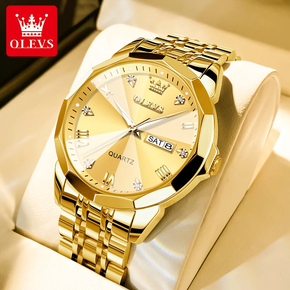 OLEVS 9931 Quartz Watch For Men Rhombus Mirror Waterproof Luminous Stainless Steel Wrist Watches Dual Calendar Man Hand Clock