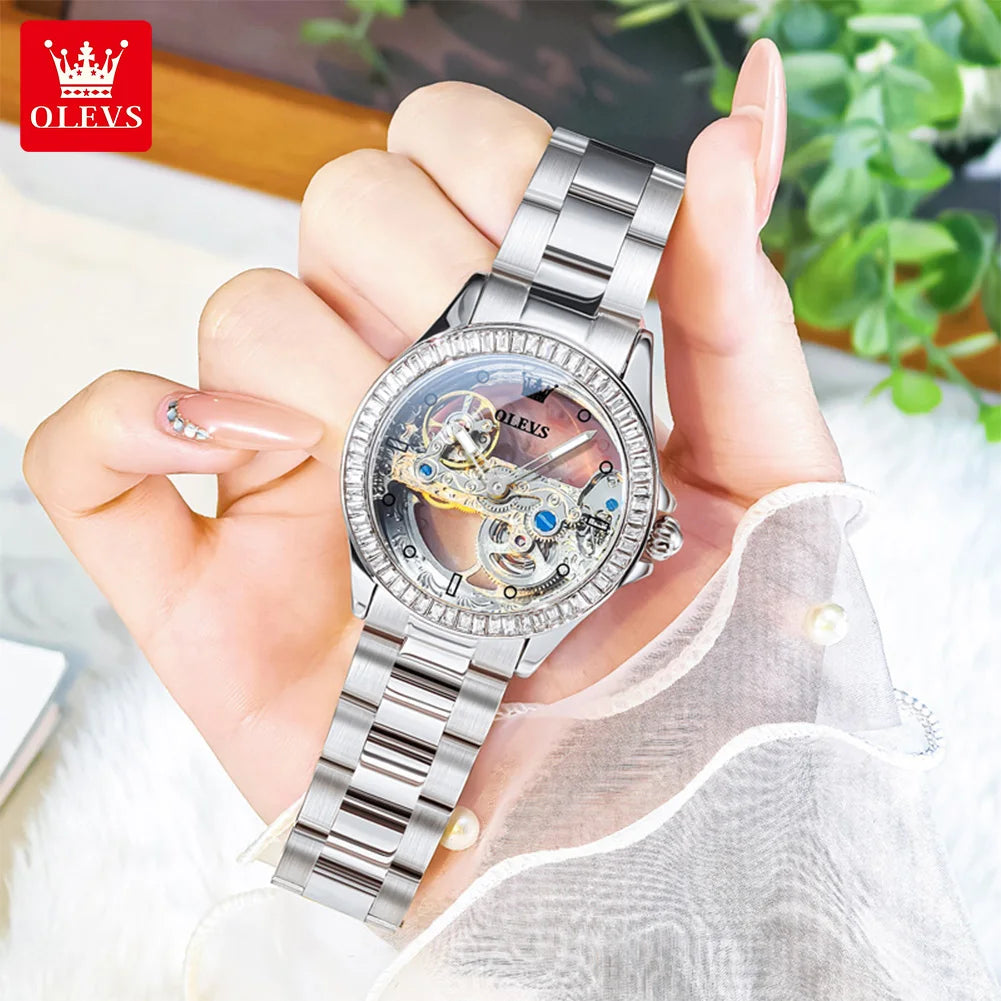 OLEVS 6699 Woman Automatic Watches Hollow Flywheel Mechanical Watch For Women Diamond Luxury Dial Waterproof Ladies Hand Clock