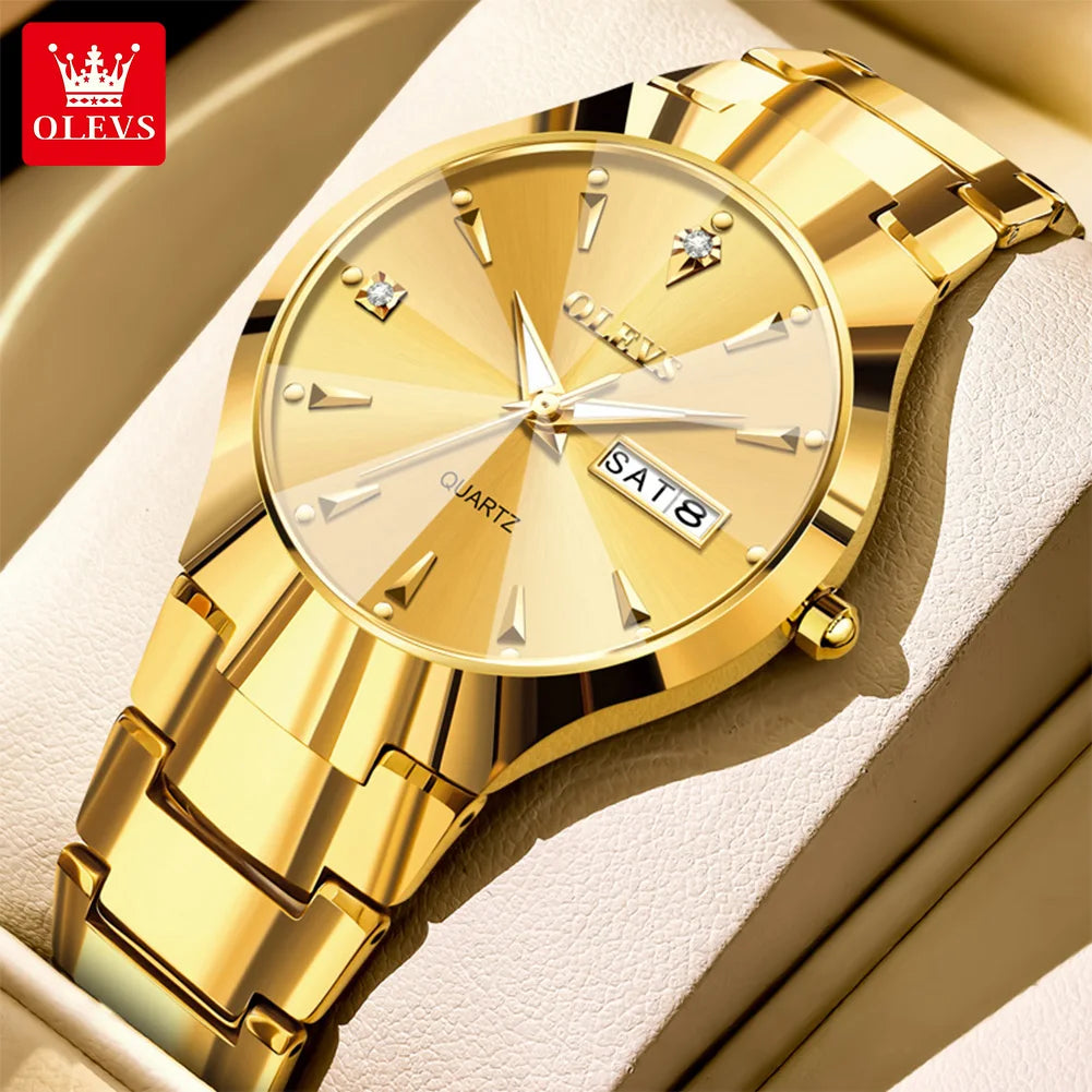 OLEVS 8697 Men's Watch Top Brand Luxury Dual Calendar Quartz Watch For Men Rhombus Mirror Tungsten Steel Strap Man Hand Clock