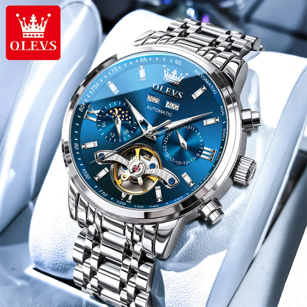 OLEVS 6740 Erkek Saati Orijinal Lüks Flywheel Otomatik Mekanik Saat Ay Evreli Su Geçirmez Işıklı Saatler Hediyeler