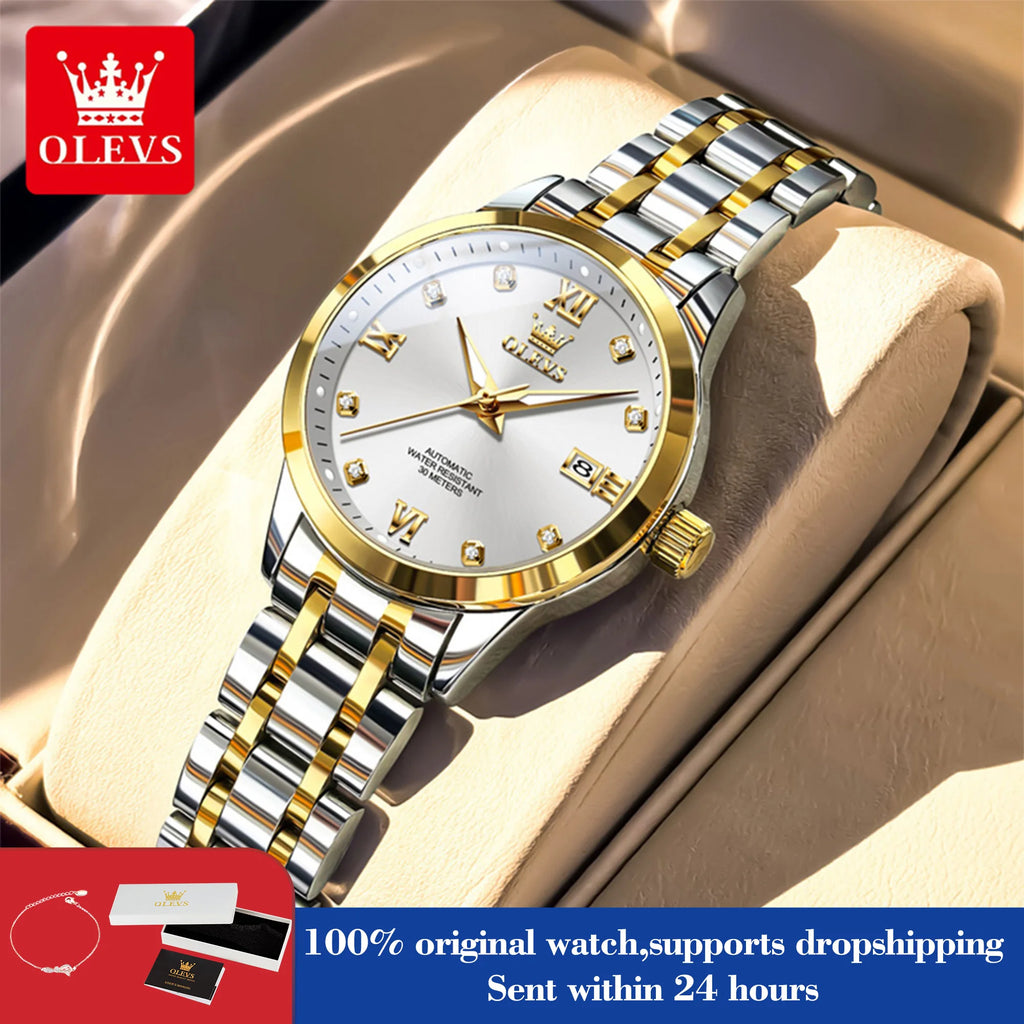 OLEVS 9946 Automatic Woman Watch Fashion Diamond Scale Original Mechanical Watch For Women Calendar Luxury Dress Hand Clock