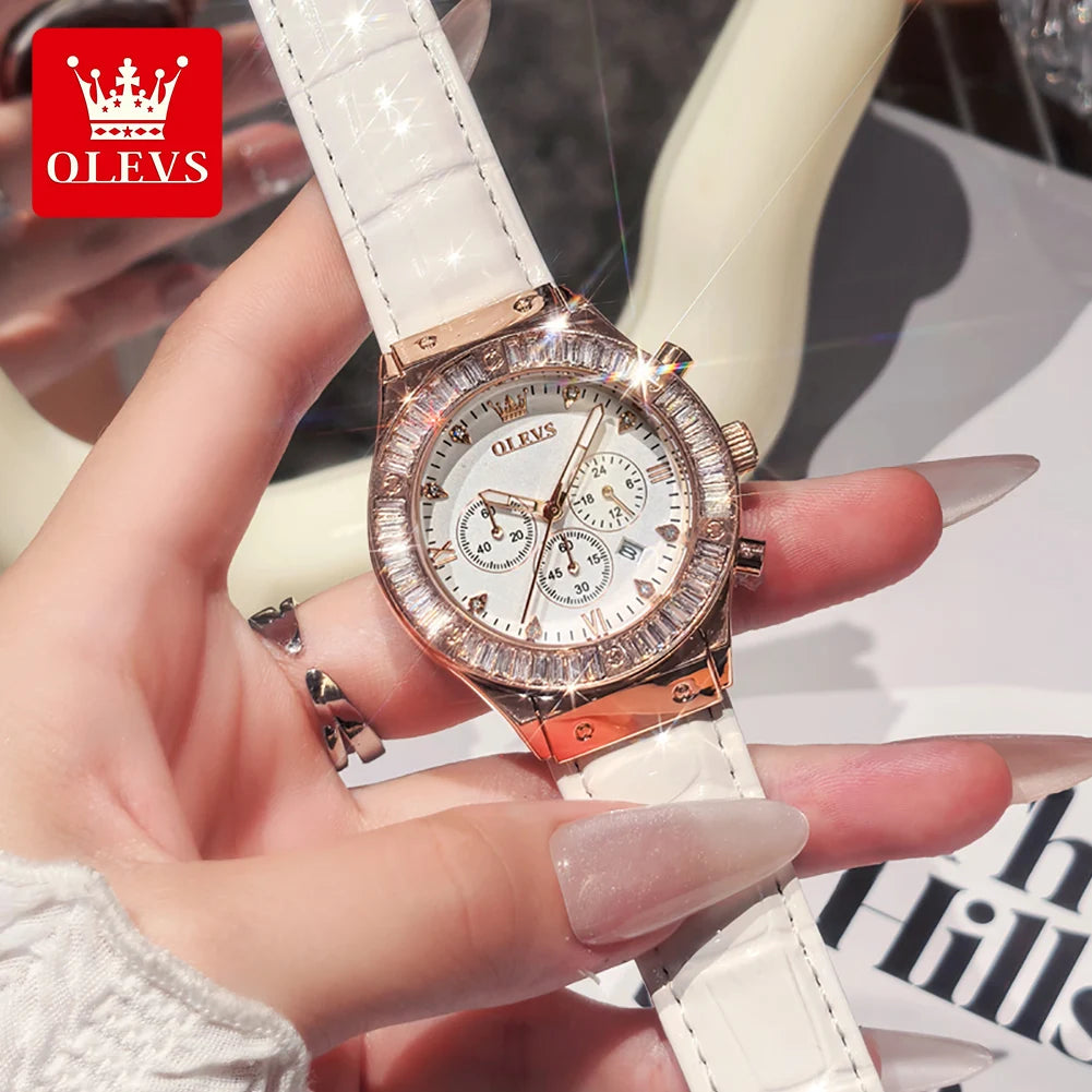 OLEVS 9978 Kadın Saati Çok Fonksiyonlu Kuvars Saat Su Geçirmez Işıklı Deri Kayış Zarif Moda Kadınlara Hediye Saatler