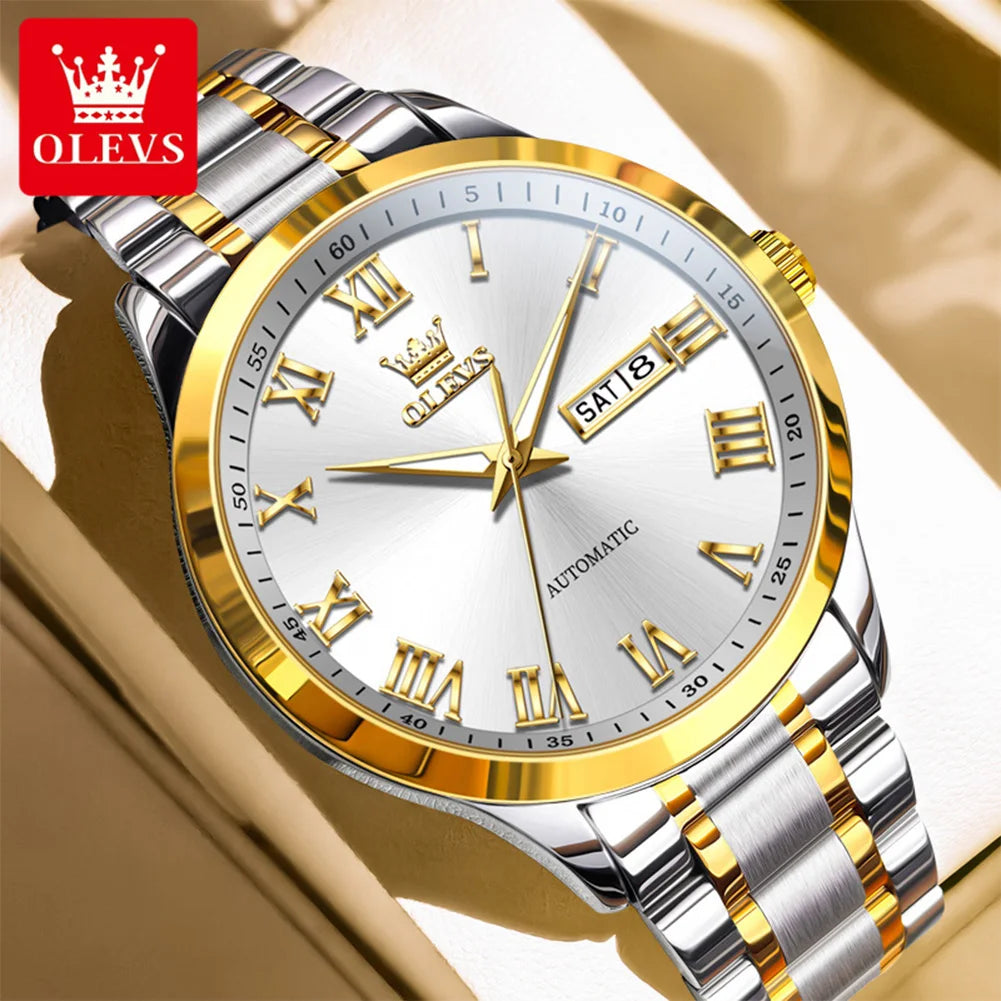 OLEVS 7075 Watches For Man Luxury Original Mechanical Watch For Men Week Calendar Waterproof Automatic Hand Clock Steel Strap