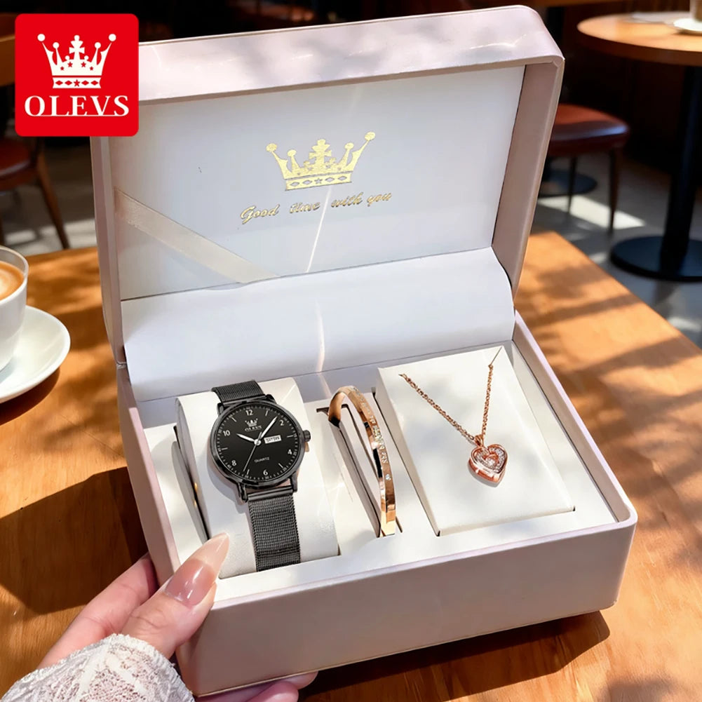 OLEVS 2996 Damenuhren Original Elegante schmale Quarzuhr Wasserdicht Dual-Kalenderanzeige Uhren für Damen Geschenkbox Reloj