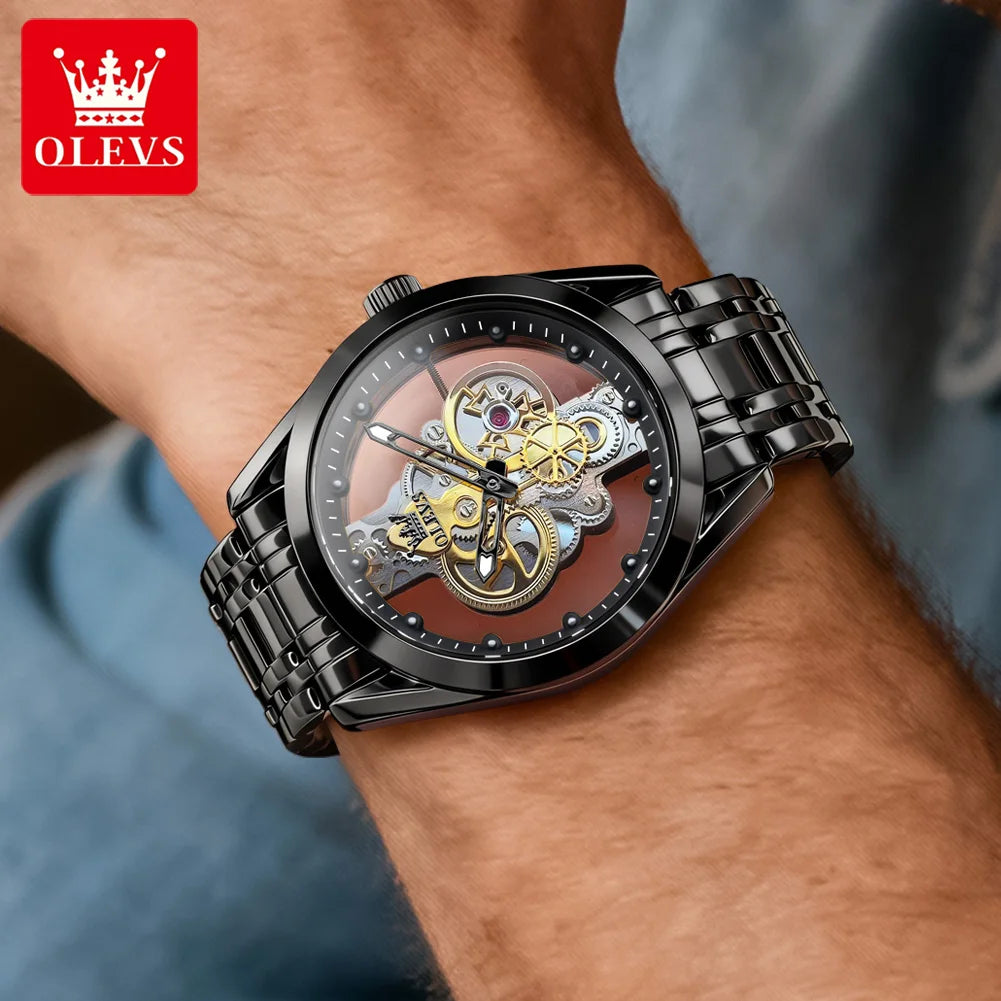 OLEVS 3725 Luxury Man Watches 40mm Big Dial Fashion Business Skeleton Quartz Watch For Men Waterproof Luminous Men Clock