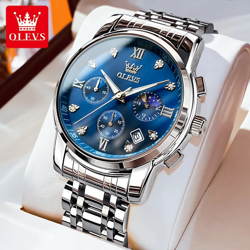 OLEVS 2858 Herrenuhr Diamantzifferblatt Mondphase Quarzuhr für Herren Edelstahl Wasserdicht Top-Marke Luxus Herren-Armbanduhr