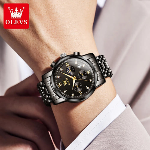 OLEVS 2858 Herrenuhr Diamantzifferblatt Mondphase Quarzuhr für Herren Edelstahl Wasserdicht Top-Marke Luxus Herren-Armbanduhr