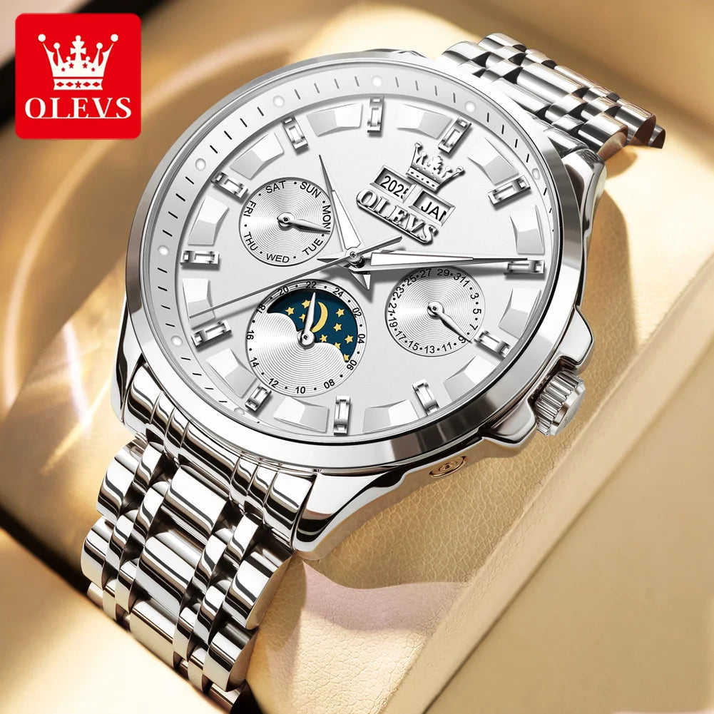 OLEVS 7070 Watch Man Original Mechanical Watch For Men Moon Phase Calendar Waterproof Fashion Automatic Hand Clock Steel Strap