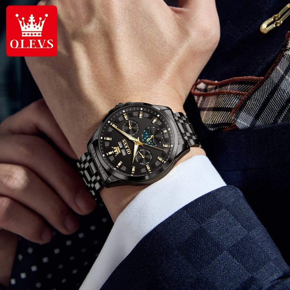 OLEVS 7070 Watch Man Original Mechanical Watch For Men Moon Phase Calendar Waterproof Fashion Automatic Hand Clock Steel Strap