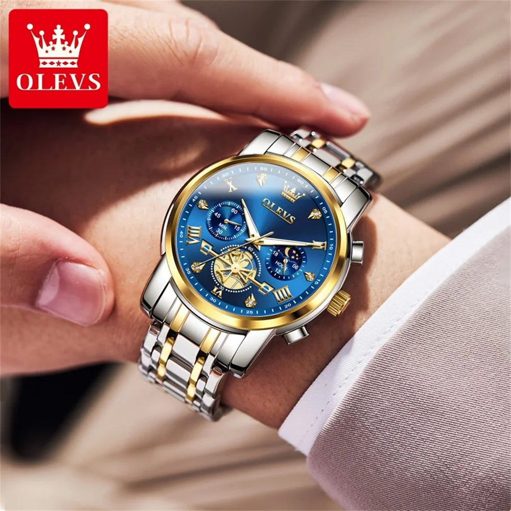 OLEVS 42mm Big Dial Watch For Men Moon Phase 24 Hour Display Waterproof Quartz Man Wrist Watches Original Luxury Hand Clock 2856