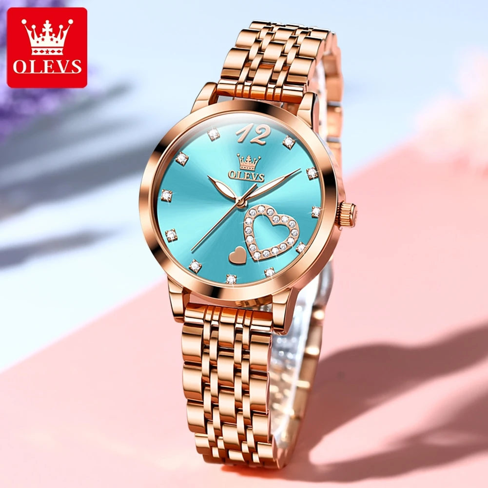 OLEVS 5189 Damenuhren Luxus Wasserdichte Quarzuhr für Damen Leuchtende Edelstahl Herzform Einfaches Zifferblatt Zeiger Uhr