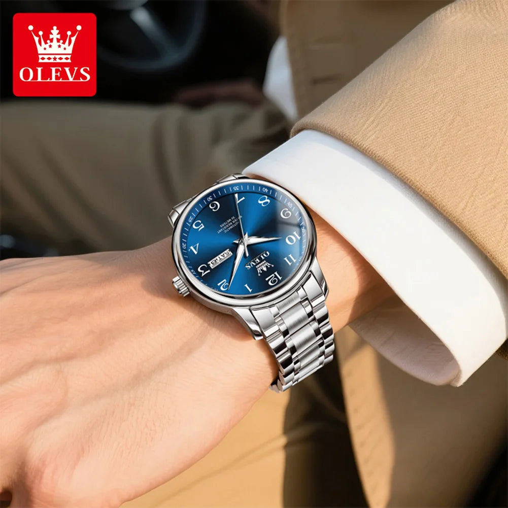 OLEVS 7072 Mens Watch Fashion Original Mechanical Watches For Men Dual Calendar Waterproof Business Automatic Hand Clock