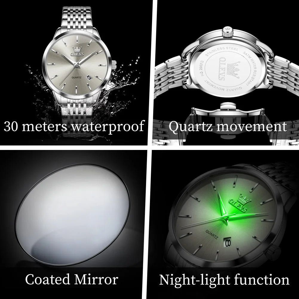 OLEVS 2907 Herrenuhr Original Einfache Quarzuhr für Männer Wasserdicht Leuchtende Datumsanzeige Herren-Armbanduhr Reloj