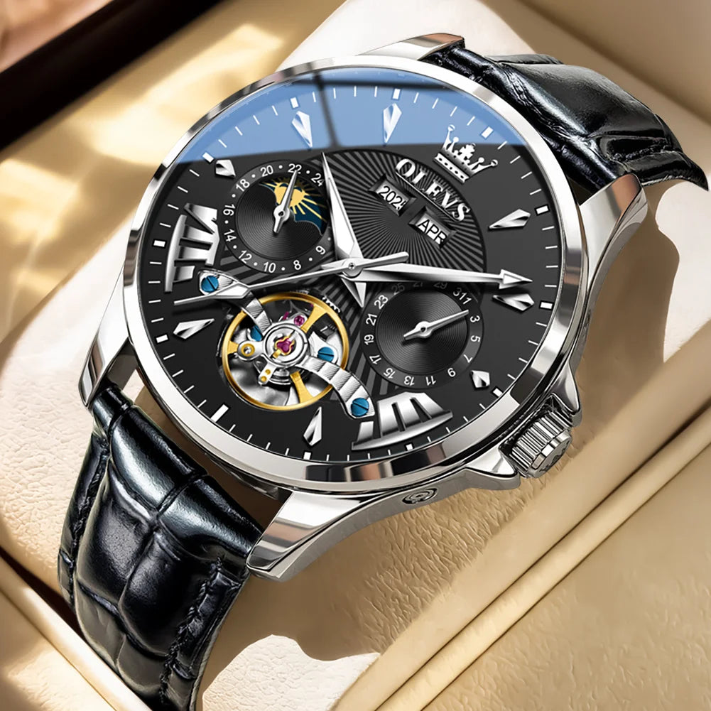 OLEVS 7103 Men's Watch Flywheel Automatic Mechanical Wristwatch Waterproof Perpetual Calendar Moon Phase Watches For Men Classic