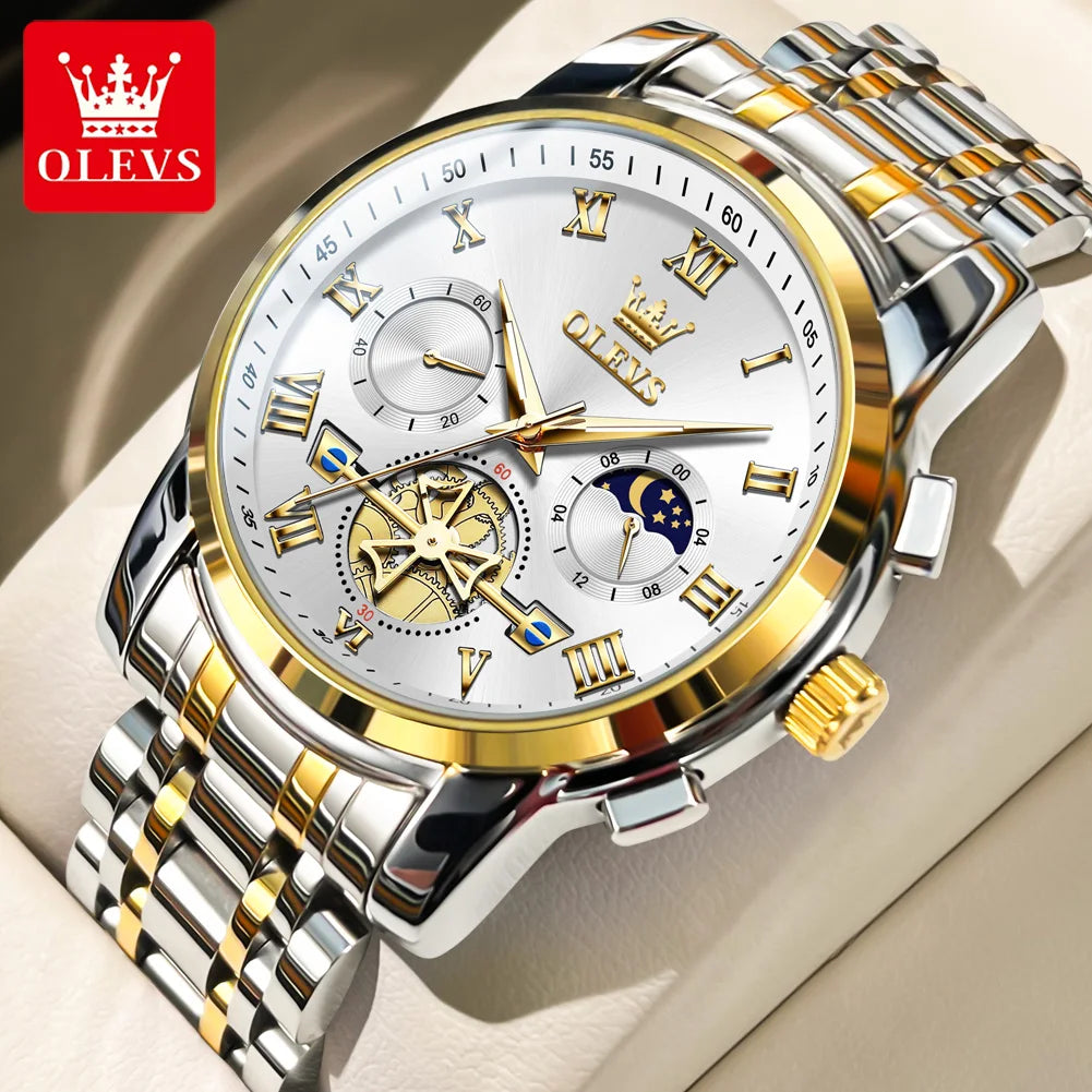 OLEVS 2859 Herrenuhr Mondphase Quarzuhr für Herren Wasserdicht Leuchtend Edelstahl Luxusmarke Original Armbanduhr Herren