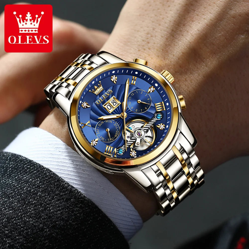OLEVS 9910 Watch for Men Automatic Mechanical Men's Wristwatches Luxury Skeleton Stainless Steel Waterproof Original Man Watch
