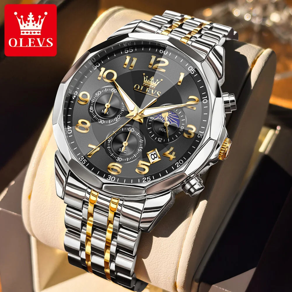 OLEVS 3676 Herrenuhr Top Marke Ziffernskala Quarzuhr für Herren 43mm Großes Zifferblatt Chronograph Wasserdicht Mode Herrenarmbanduhr