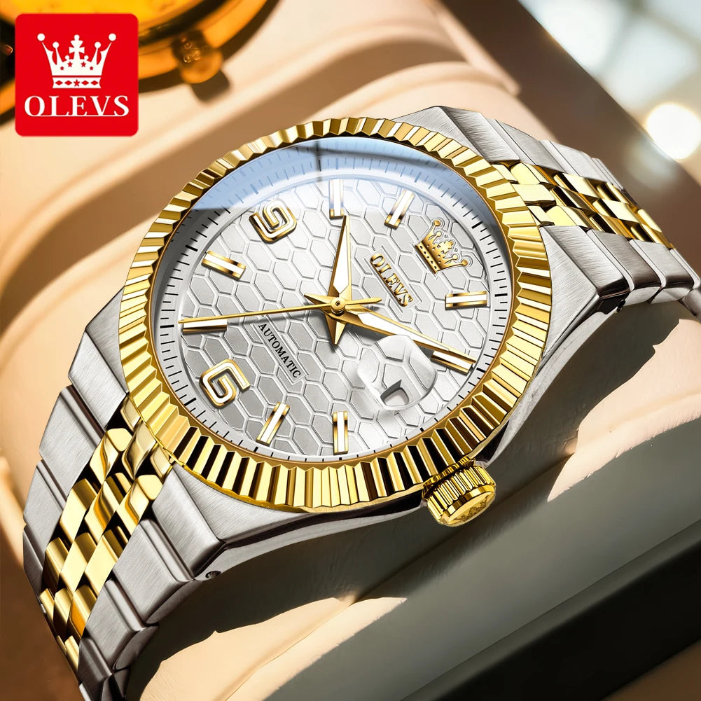 OLEVS 7105 Mens Watch Original Luxury Automatic Mechanical Watches Stainless Steel Waterproof Luminous Date Watches Gifts Box