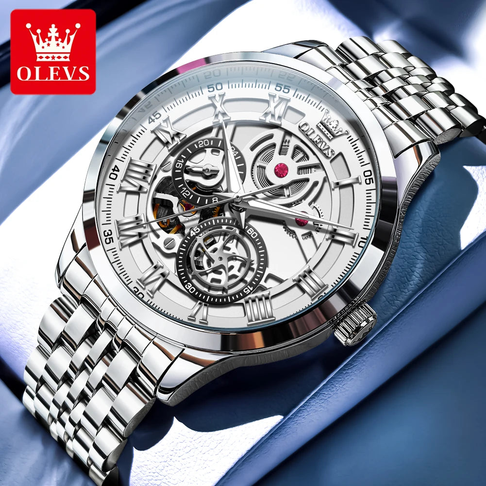 OLEVS 7076 Man Automatic Watch Fashion Hollow Mechanical Watch For Men Waterproof Stainess Steel Strap Roman Scale Hand Clock