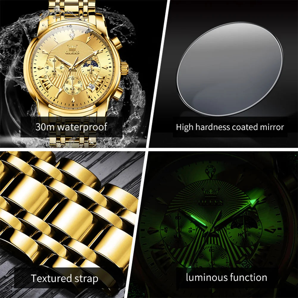 OLEVS 2892 Uhr Herren Schlicht Luxus Quarz Uhr für Herren Top Marke Chronograph Mondphase Wasserdichte Dress-Armbanduhr Leuchtend